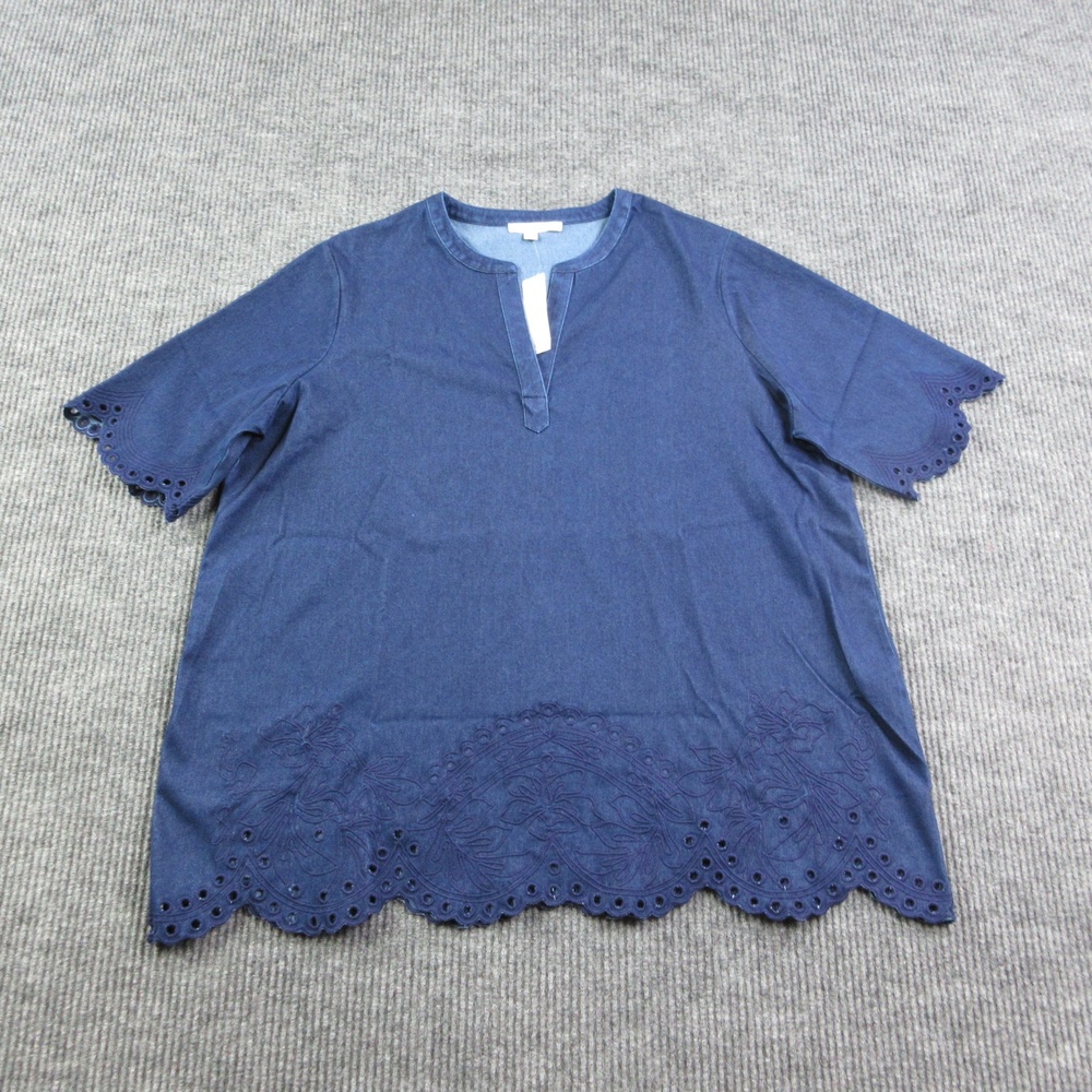 Chico's Blouse Womens 4 Blue Tunic Collared Embroidered Eyelet Knit NWT